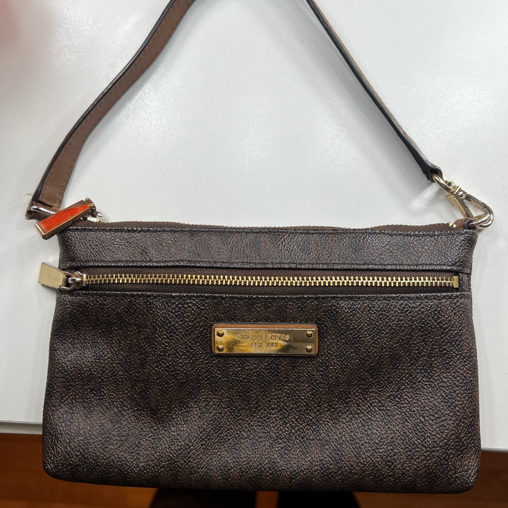 Michael Kors Dark Brown Leather Wristlet Clutch with Gold Hardware